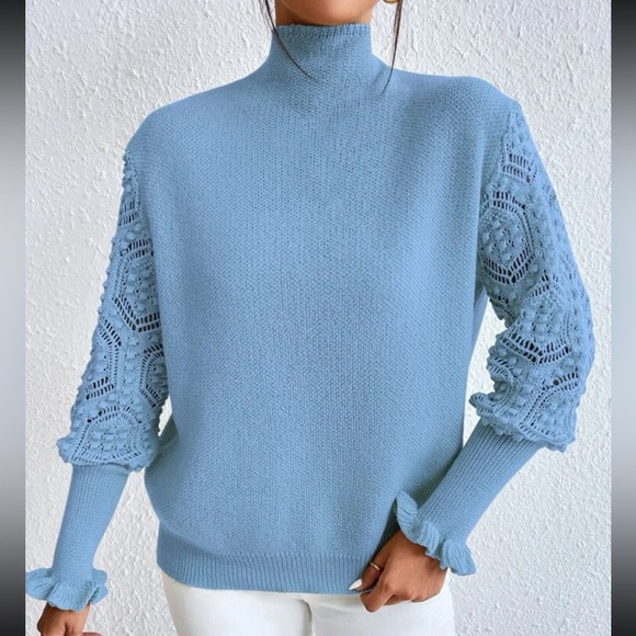 Cozy Cowl High Neck Eyelet Detail Flounce Sleeve Sweater - Picture 8 of 9